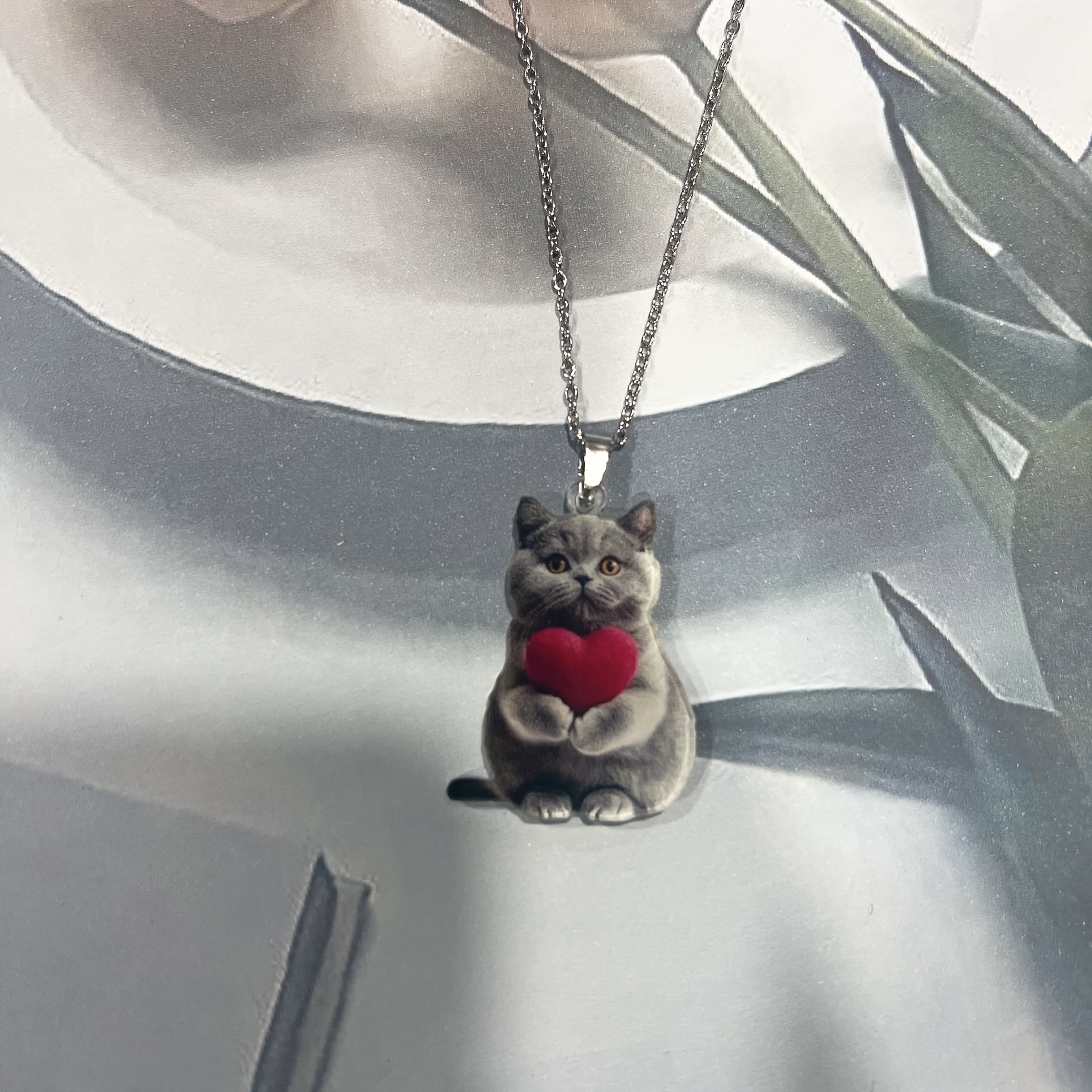 2D Acrylic Gray Cat Holding Heart Earrings Pendant Set